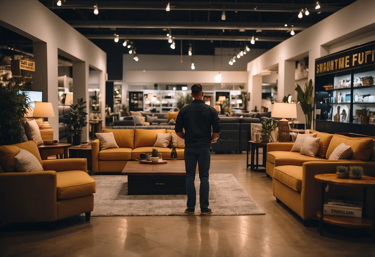 A person browsing home furniture in a store, surrounded by various items like couches, tables, and lamps. Signage indicates "buy home furniture near me."