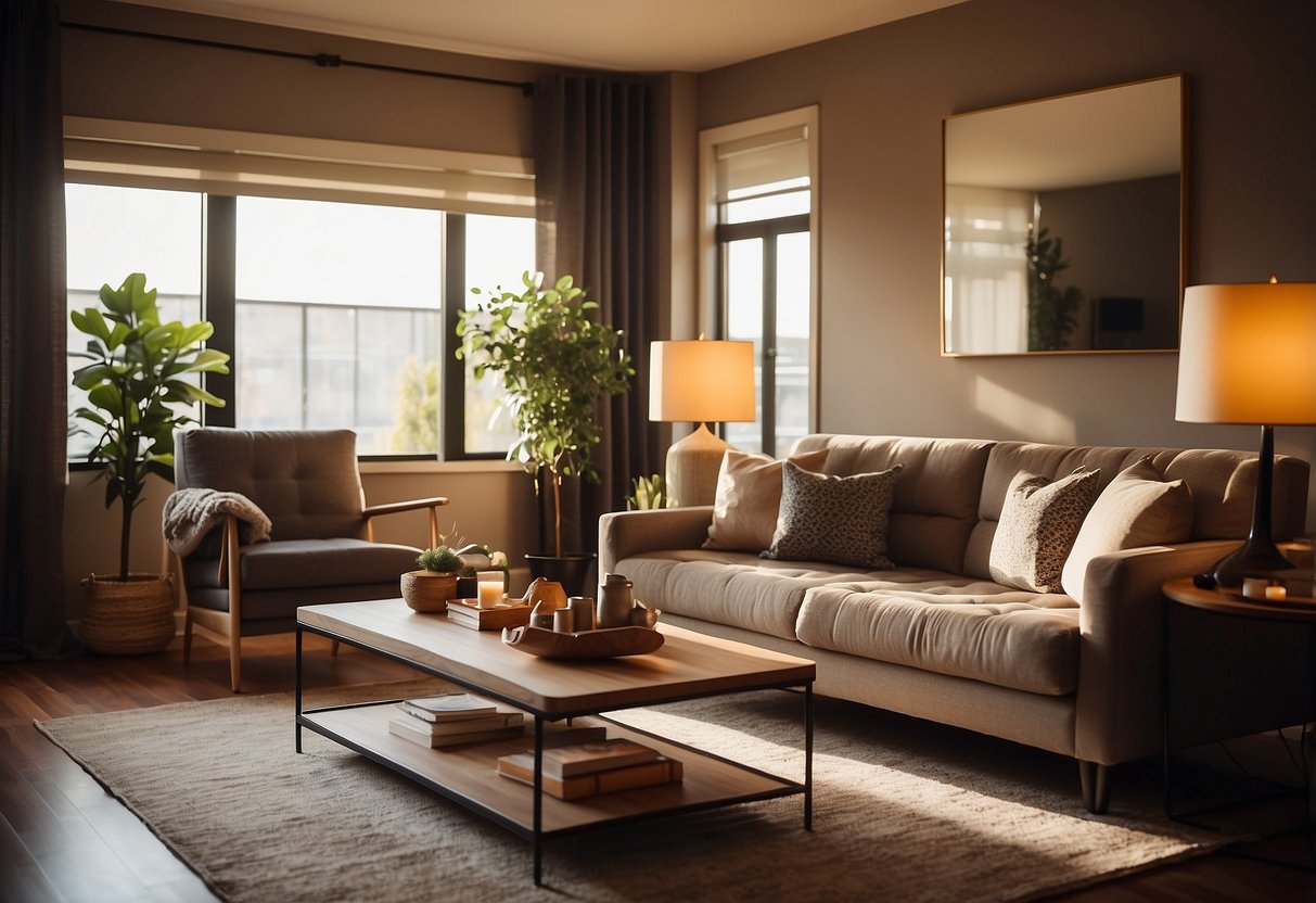 A cozy living room with a plush sofa, a stylish coffee table, and a sleek entertainment center. The warm glow of a floor lamp illuminates the space, creating a welcoming atmosphere for relaxation and entertainment