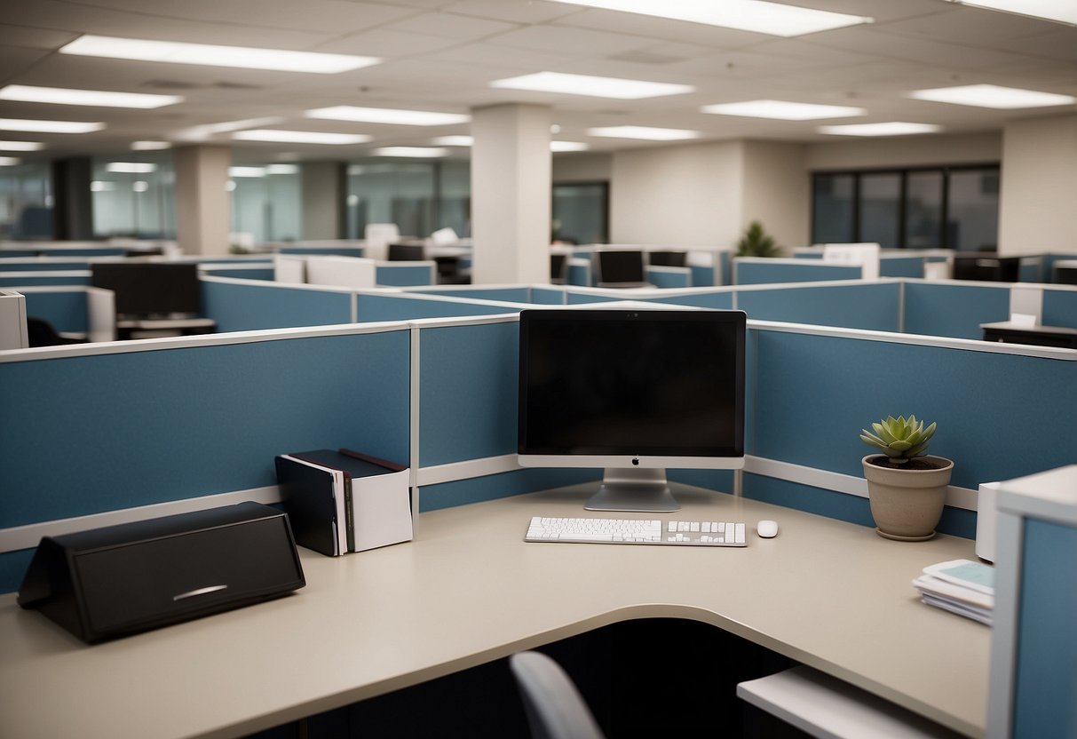 A cubicle office with desks, chairs, and a sign reading "Frequently Asked Questions." Files and office supplies are neatly organized on the desks
