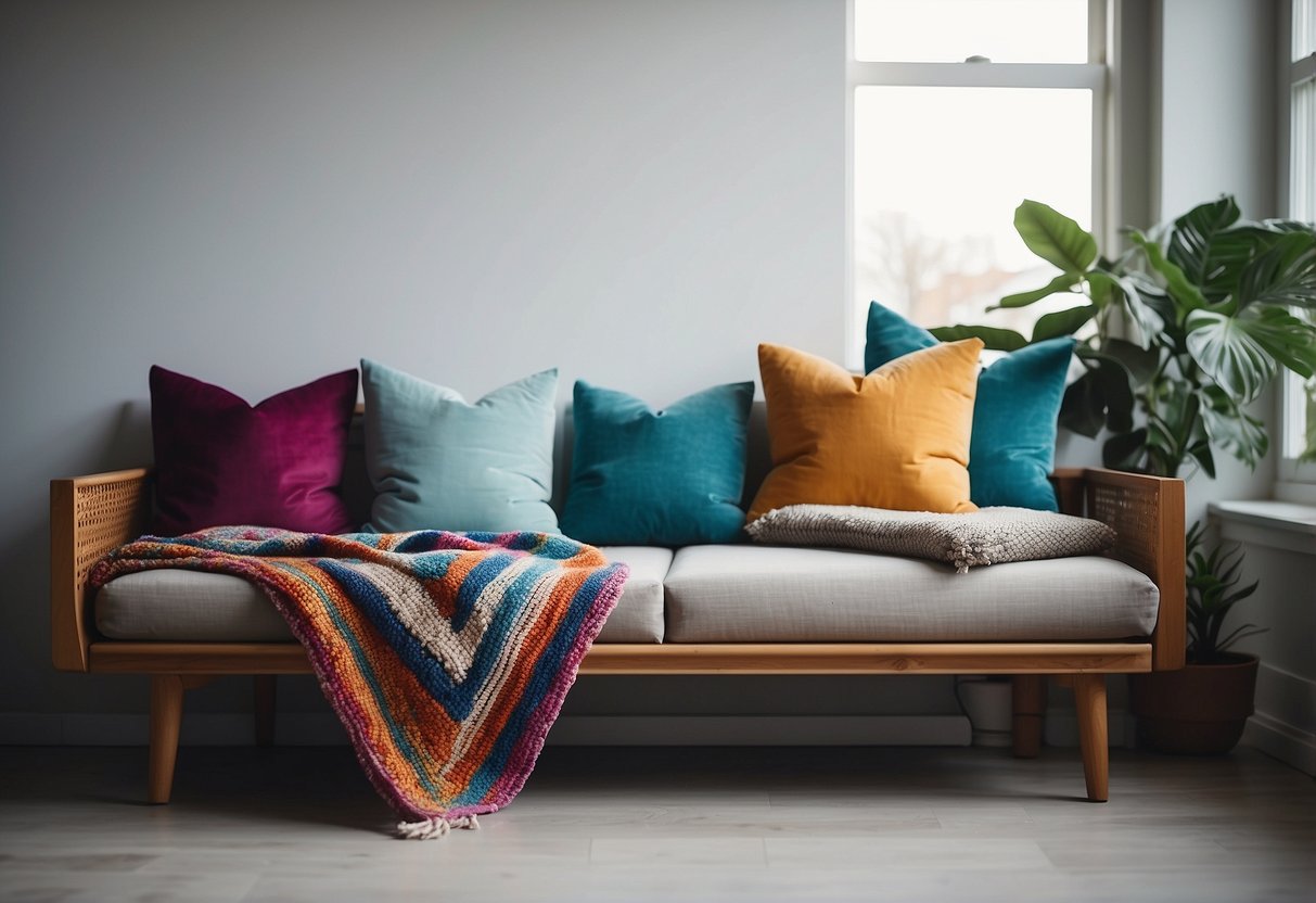 A modern sofa bench sits against a white wall, adorned with colorful throw pillows and a cozy blanket. The room is flooded with natural light, creating a warm and inviting atmosphere