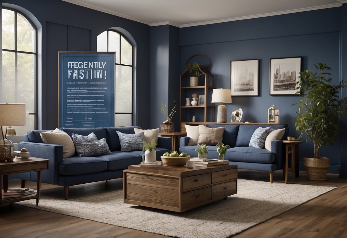 A modern living room with blueprint furniture pieces arranged neatly and a "Frequently Asked Questions" sign displayed prominently
