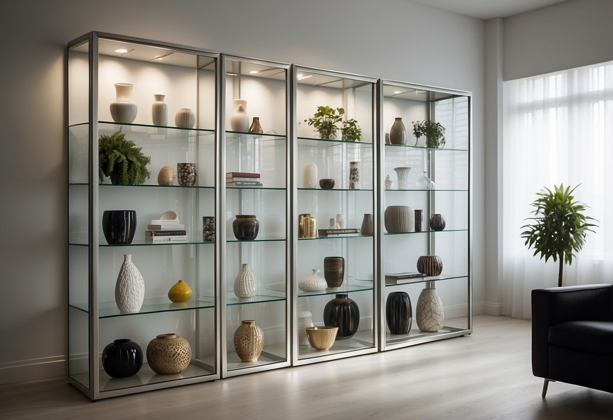 A sleek, glass-fronted furniture display cabinet stands against a white wall, showcasing various items such as vases, books, and decorative objects