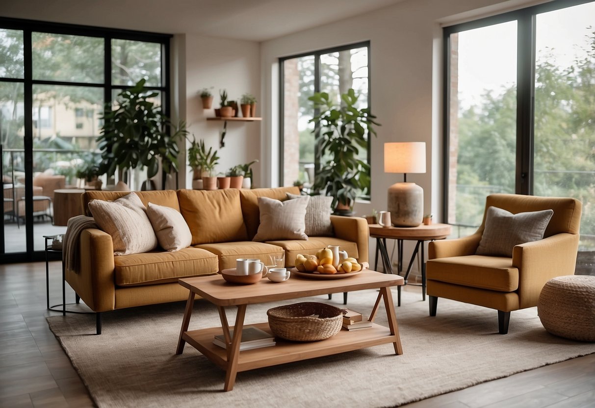 A cozy living room with shelves of home furniture, a comfortable sofa, and a stylish coffee table. Brightly lit with natural light, inviting customers to explore and buy