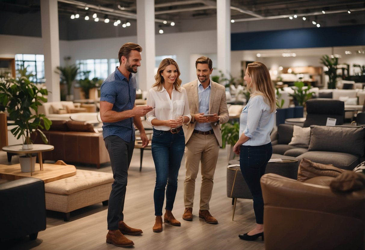 Customers browsing furniture in a showroom, asking staff questions. Signs and labels indicate product details. Showroom is well-lit and organized