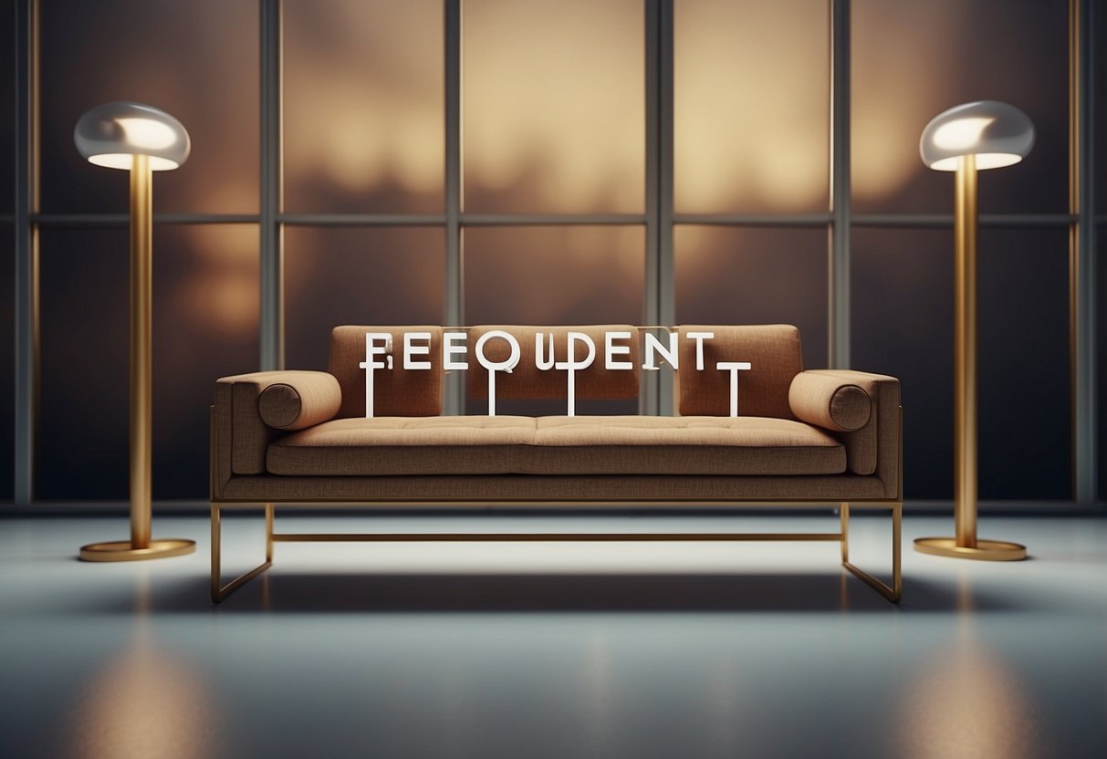 A modern sofa bench surrounded by floating "Frequently Asked Questions" text, set against a minimalist backdrop