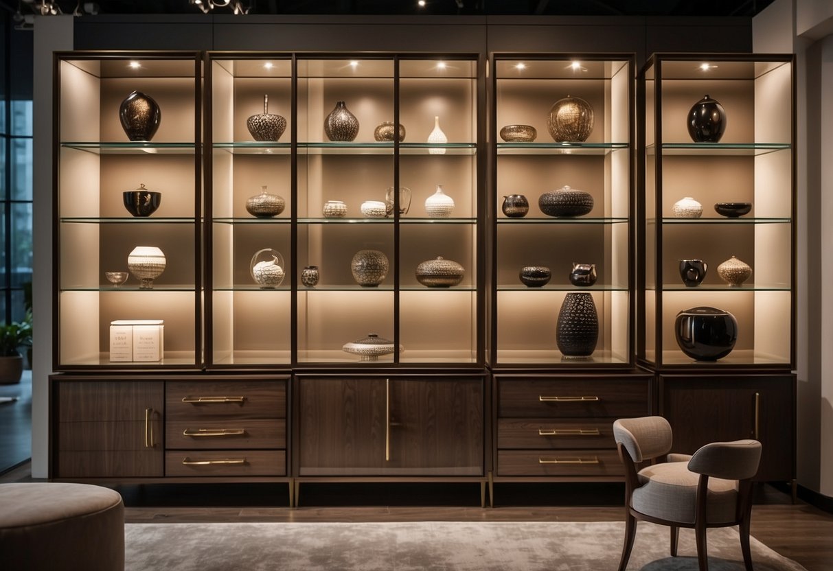 Various furniture display cabinets arranged in a spacious showroom, showcasing a variety of elegant and modern designs. Lighting highlights the intricate details and craftsmanship of each piece