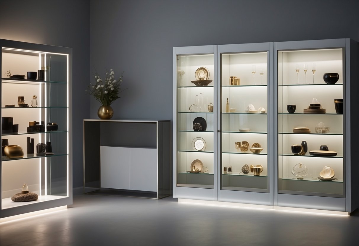 A sleek, modern display cabinet stands against a clean, white backdrop. Soft, ambient lighting highlights the shelves, showcasing the elegant arrangement of decor and products within