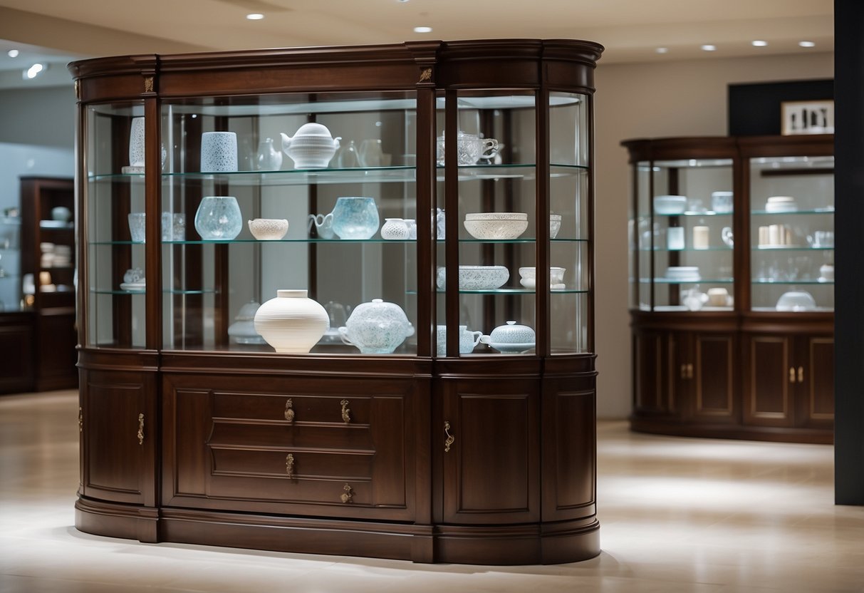A well-lit furniture display cabinet with glass shelves showcasing various items, surrounded by a clean and organized showroom setting
