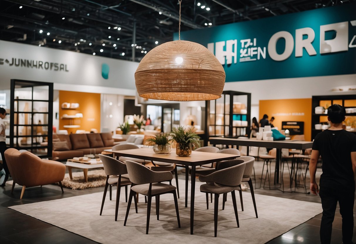 A bustling furniture fair at Singapore Expo, with sleek, modern designs on display. Bright lights and vibrant colors fill the space
