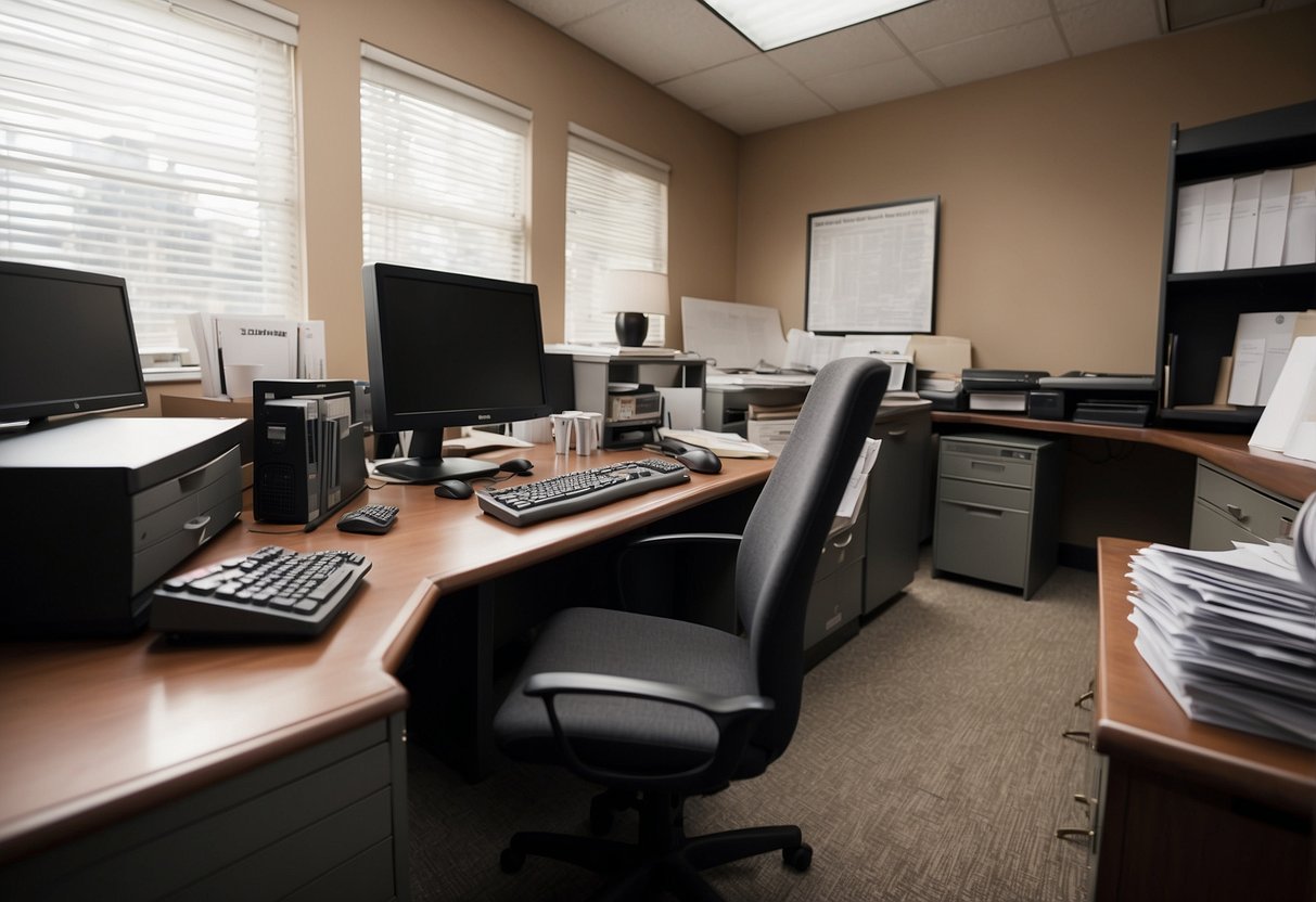 A cluttered office desk with a computer, phone, and paperwork. A chair, filing cabinet, and shelves fill the room