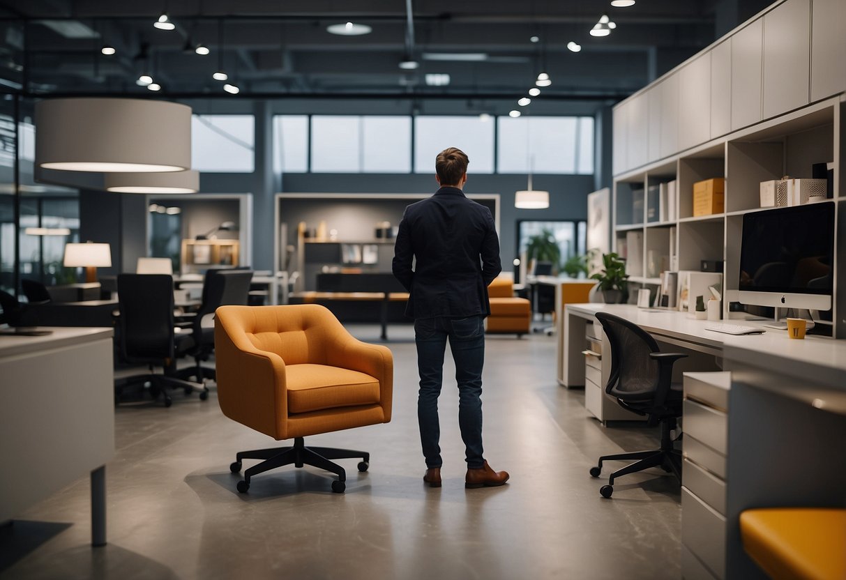 A person is choosing office furniture from a selection of desks, chairs, and storage units in a modern showroom