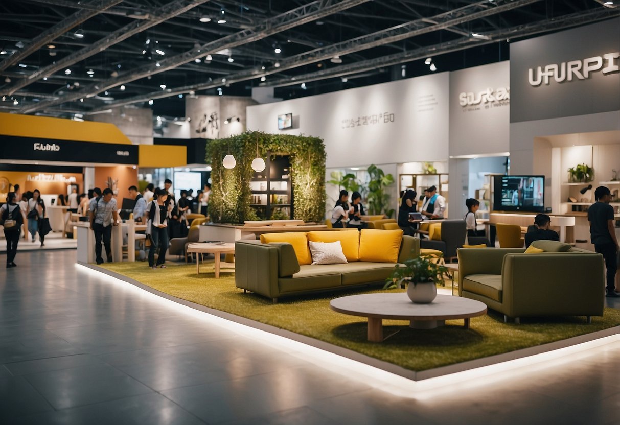 The bustling Singapore Expo is filled with modern furniture displays and innovative designs at the furniture fair