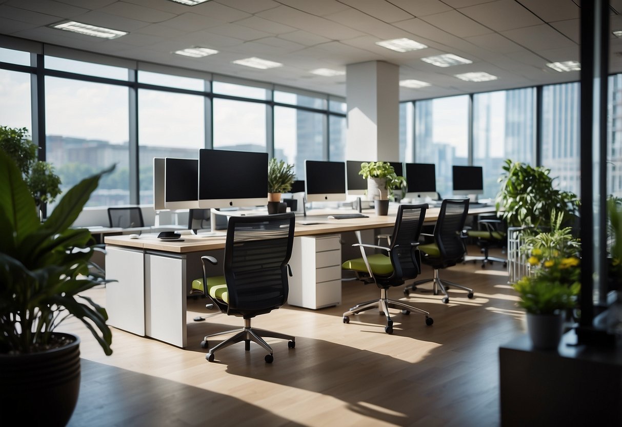 A modern office with sleek, ergonomic furniture and vibrant accent pieces. The space is filled with natural light and greenery, creating a welcoming and productive environment