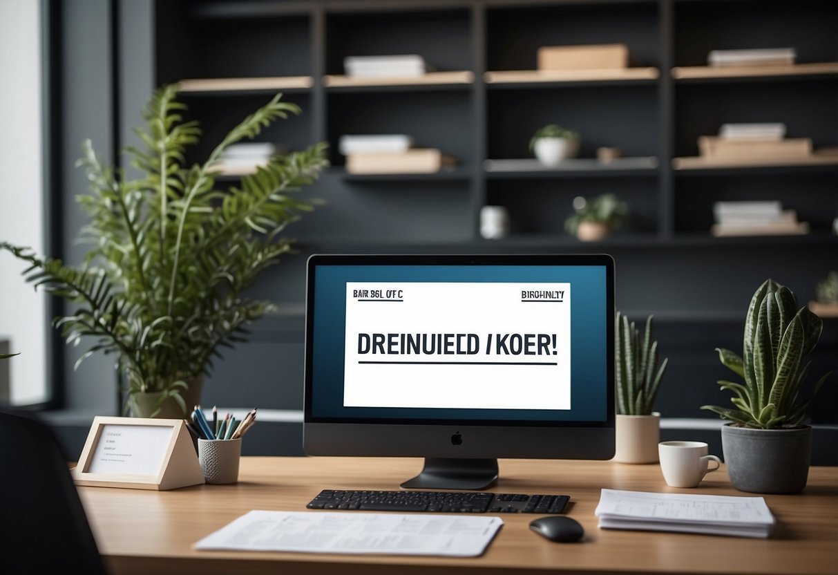 A modern office space with a sleek, organized desk holding a computer, phone, and neatly stacked papers. A sign on the wall reads "Frequently Asked Questions bureau."