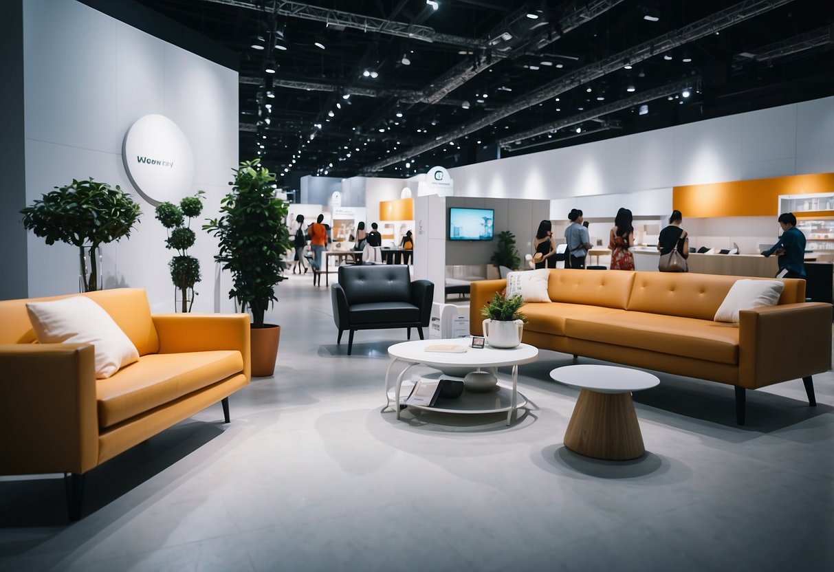 Visitors browse modern furniture displays at Singapore Expo