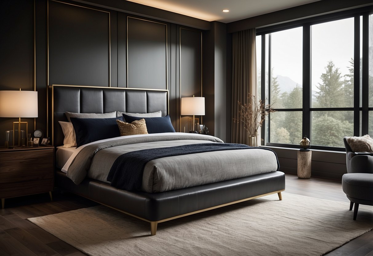 A sleek, modern bedroom with a king-sized bed, matching nightstands, and a stylish dresser. The furniture is made of dark wood with clean lines and metallic accents