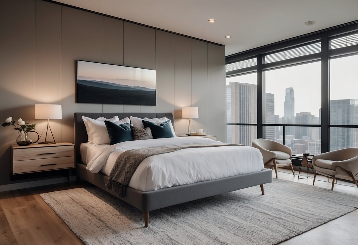 A modern bedroom with sleek furniture sets, including a platform bed, a matching dresser, and a pair of nightstands. The room is well-lit with natural light streaming in through large windows, and the decor is minimalistic with clean lines and neutral