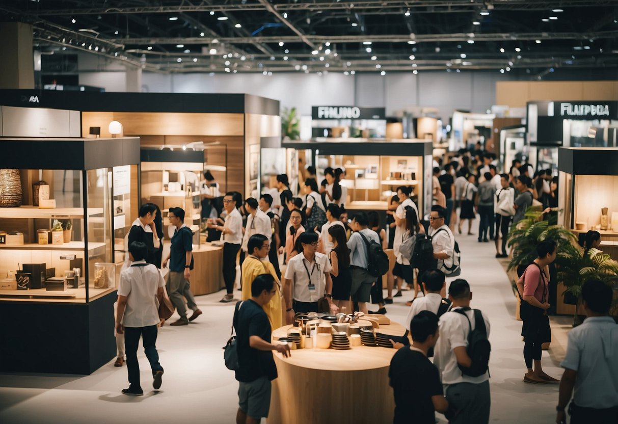 A bustling furniture fair at Singapore Expo, with vendors showcasing their products and attendees browsing through the various exhibits