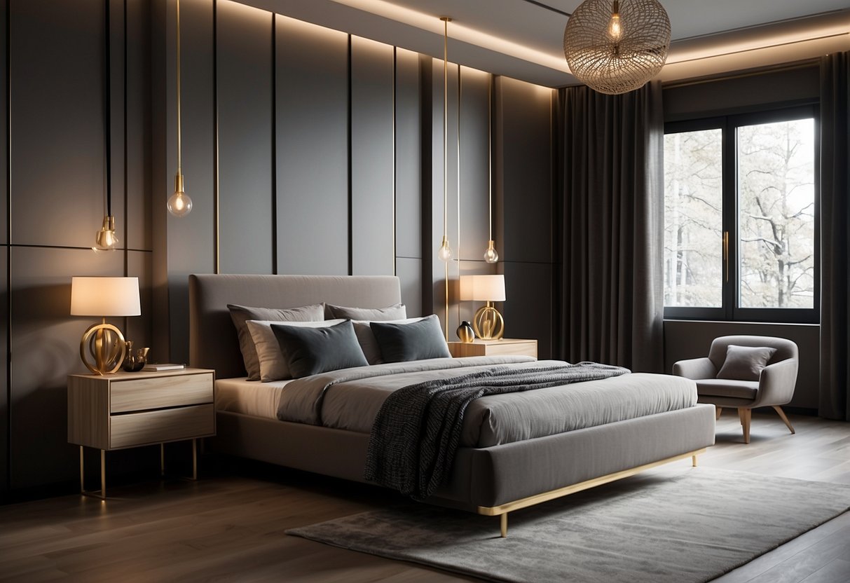 A modern bedroom with sleek furniture sets arranged in a stylish and functional layout, featuring a comfortable bed, nightstands, and a trendy dresser