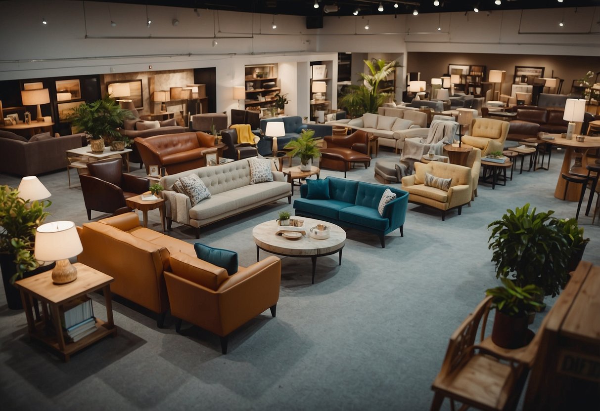 An aerial view of Emcor Furniture showroom with price tags displayed on various furniture pieces