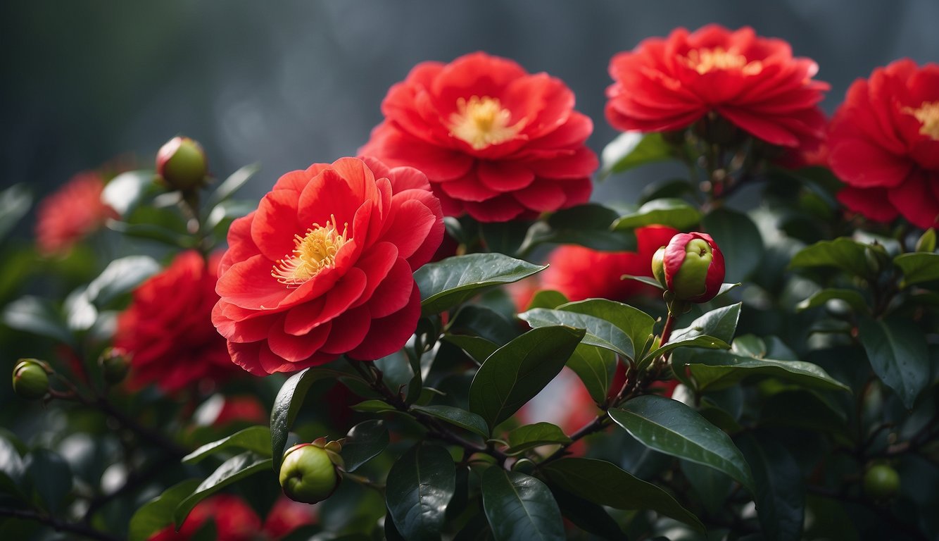 Lush green foliage surrounds vibrant red camellia flowers in full bloom, creating a striking contrast against the backdrop of a wildfire
