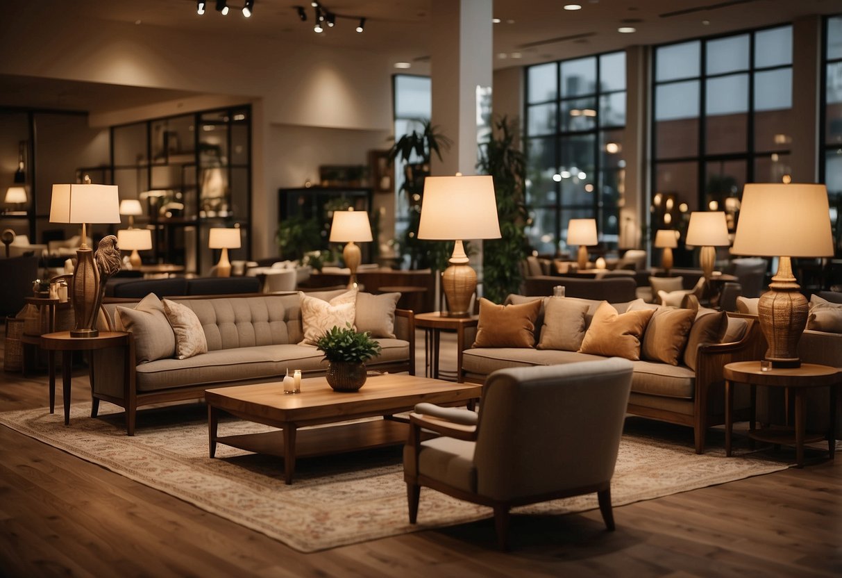 A boutique furniture store with elegant displays of chairs, tables, and sofas. Soft lighting and warm wood tones create a cozy, inviting atmosphere