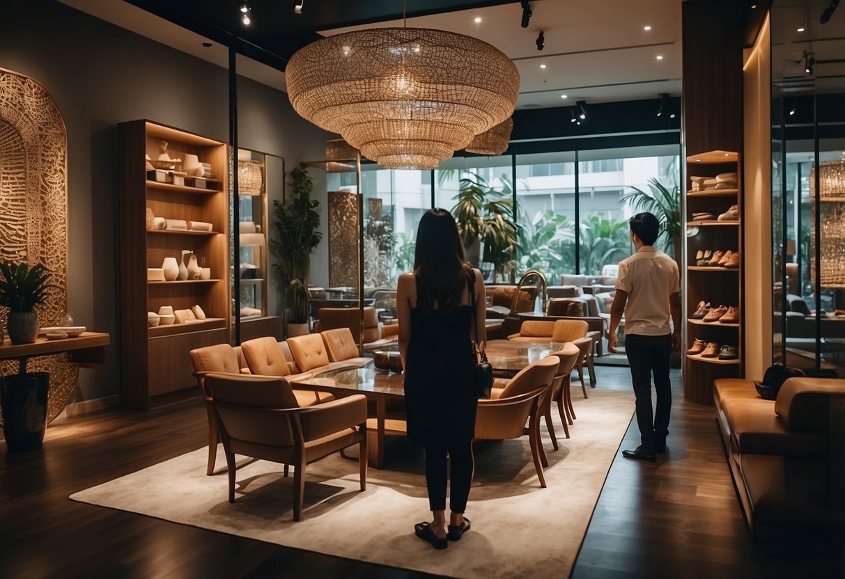 Customers browsing unique furniture in a Singapore boutique store, admiring intricate designs and luxurious materials