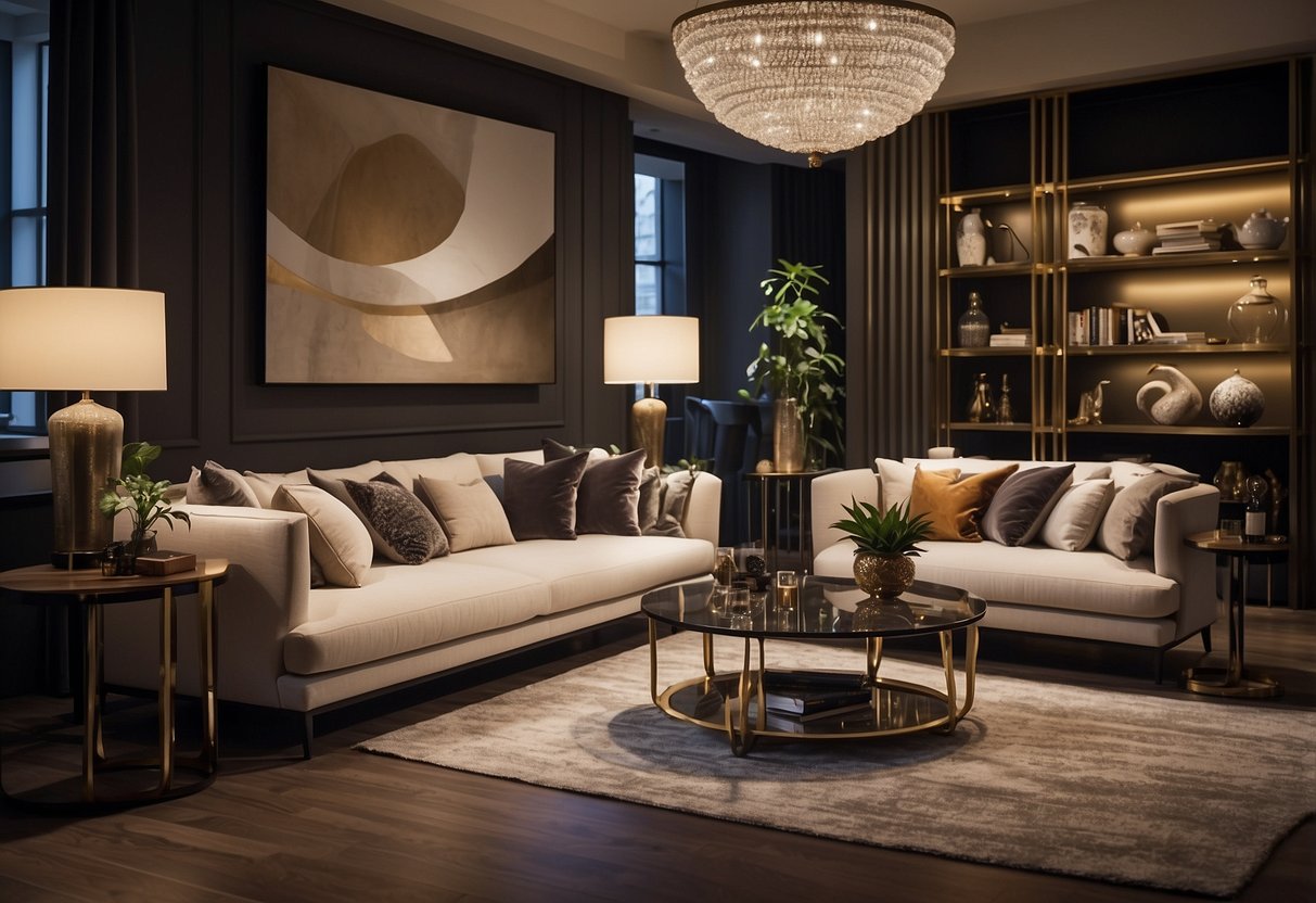 A cozy living room with plush sofas, elegant coffee tables, and stylish lighting. The shelves are adorned with decorative accents and unique art pieces