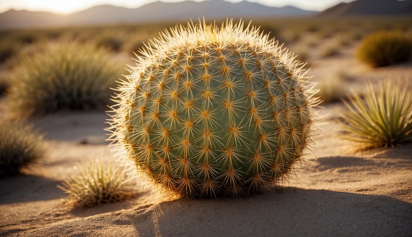 A golden barrel cactus stands tall in the desert, its round, ribbed body glistening in the sunlight. Surrounding it, the dry, sandy landscape stretches out into the distance