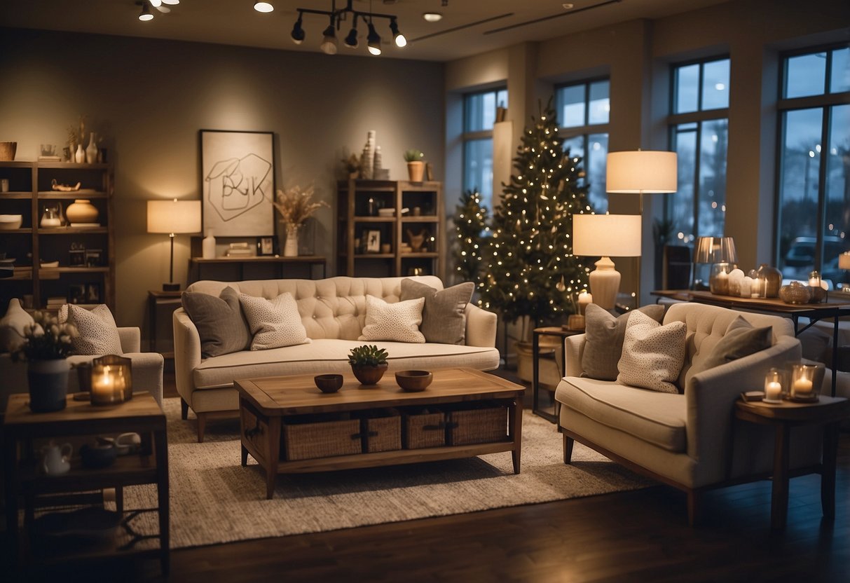A cozy boutique furniture store with stylish displays and welcoming ambiance. Shelves are adorned with unique decor and furnishings, while soft lighting creates a warm and inviting atmosphere