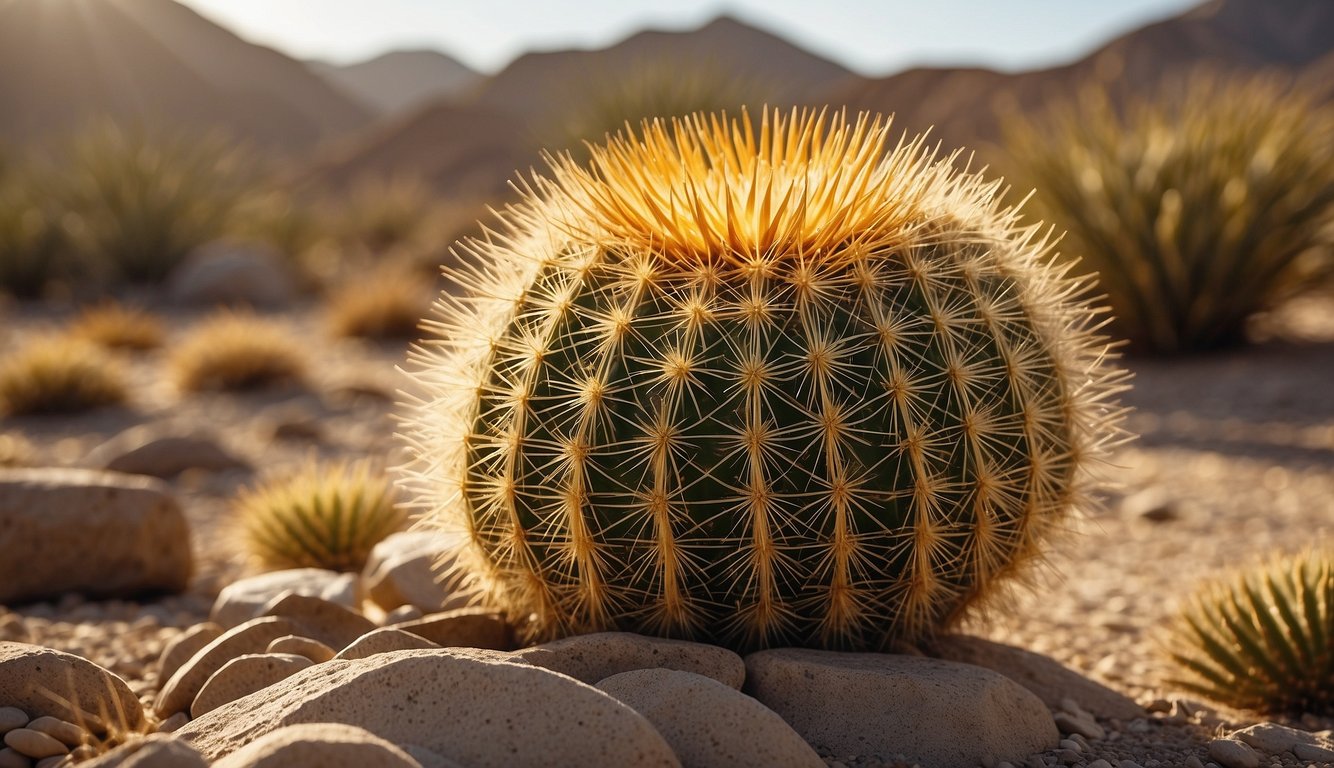 A golden barrel cactus stands tall in a desert landscape, surrounded by dry, sandy soil and rocks. The sun shines brightly overhead, casting a warm glow on the spiky, round plant