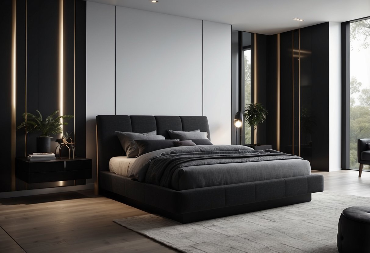 A black bedroom furniture set arranged in a modern, minimalist style room with clean lines and sleek finishes