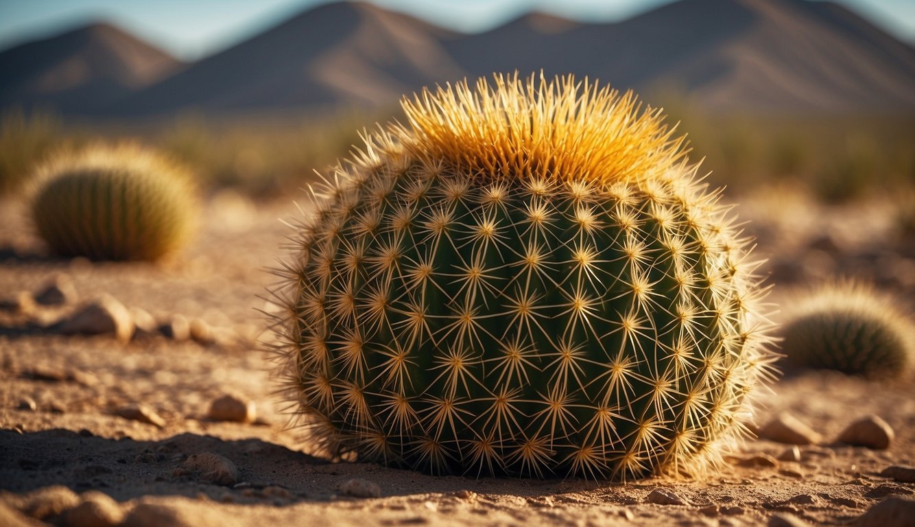 A golden barrel cactus stands tall in a desert landscape, surrounded by dry, sandy soil and under the bright, hot sun