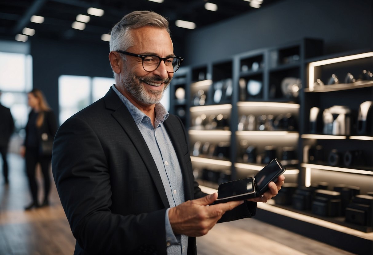A customer selecting a black bedroom furniture set from a showroom display