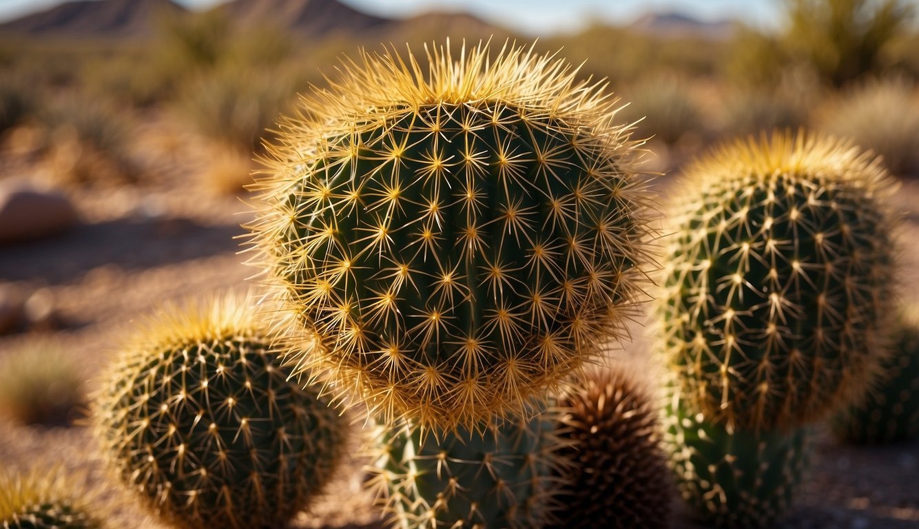 A golden cactus stands tall in a desert landscape, its spiky arms shimmering in the sunlight