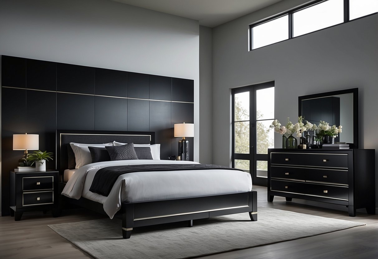 A sleek black bedroom set sits in a modern room, with a bed, nightstands, and dresser. Clean lines and minimalist design give a sophisticated feel