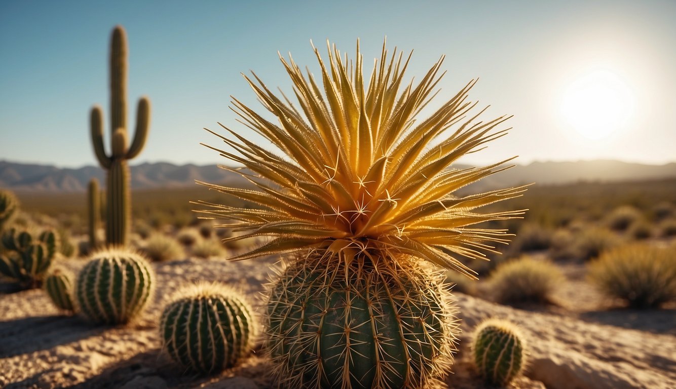 A golden cactus stands tall in a desert landscape, its shimmering metallic needles catching the sunlight. Nearby, a group of people marvel at its beauty