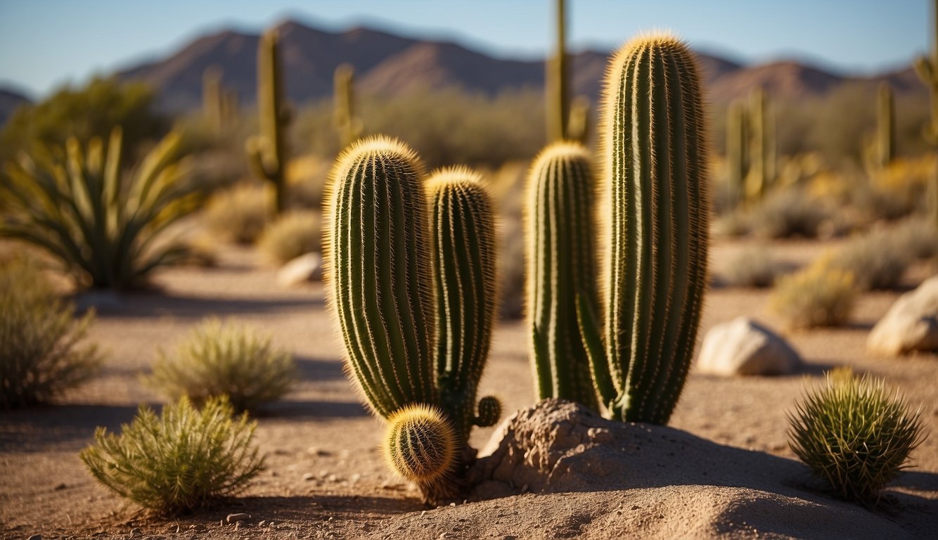 A golden cactus stands tall in a desert landscape, surrounded by diverse flora and fauna, symbolizing conservation and minimal environmental impact