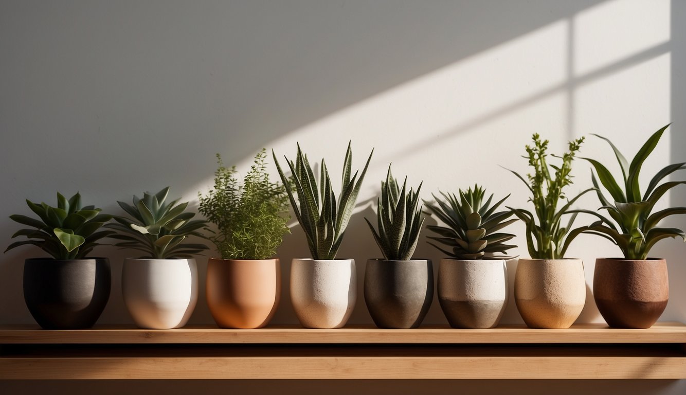 Several ceramic plant pots arranged on a wooden shelf against a white wall. Sunlight streaming in, casting shadows on the pots