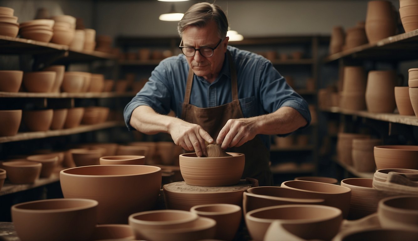 A potter molds clay into a plant pot on a spinning wheel, surrounded by shelves of finished pots and bags of raw materials
