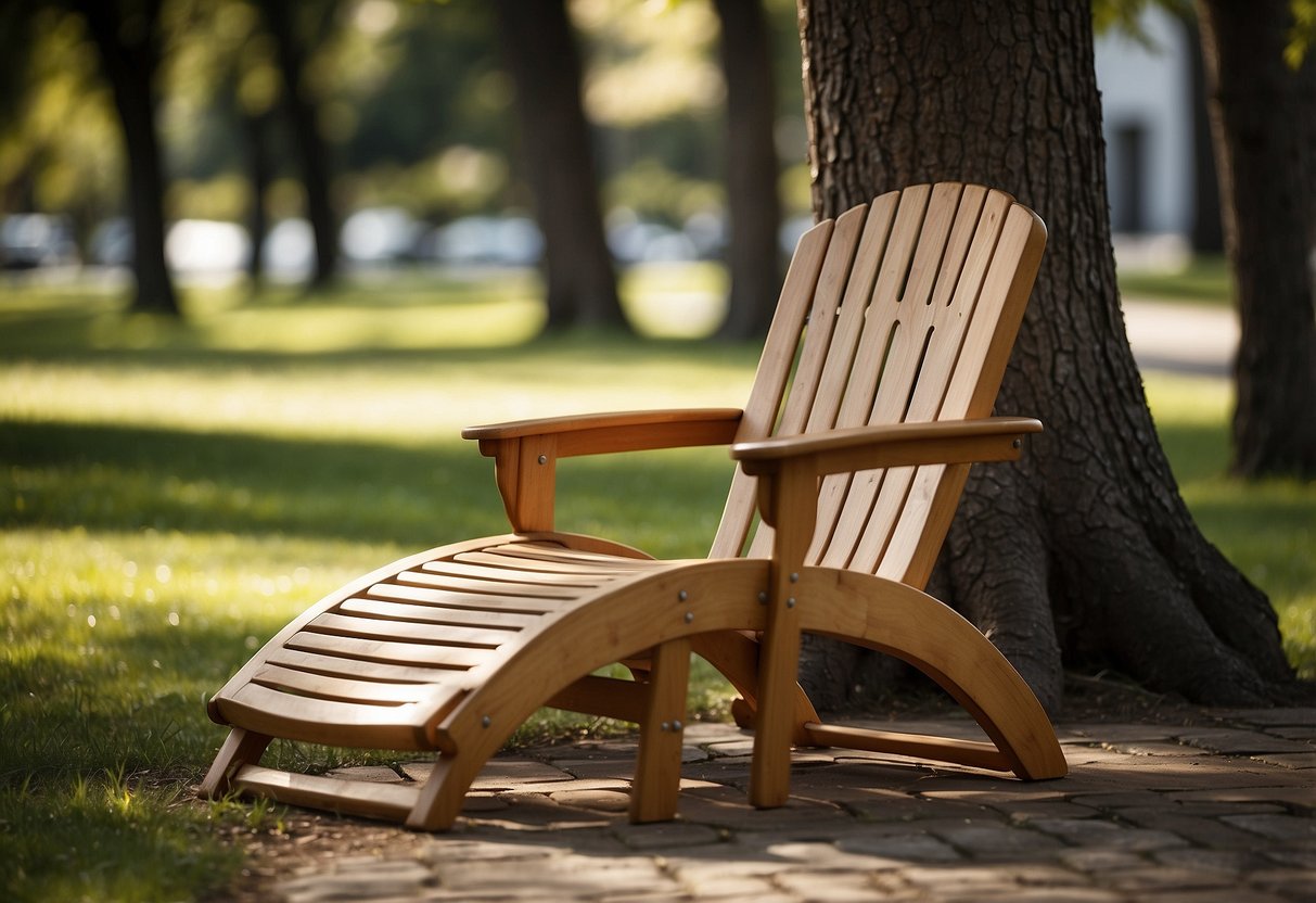 A patio chair sits under a shaded tree, its wood glistening with a protective oil coating, shielded from the elements