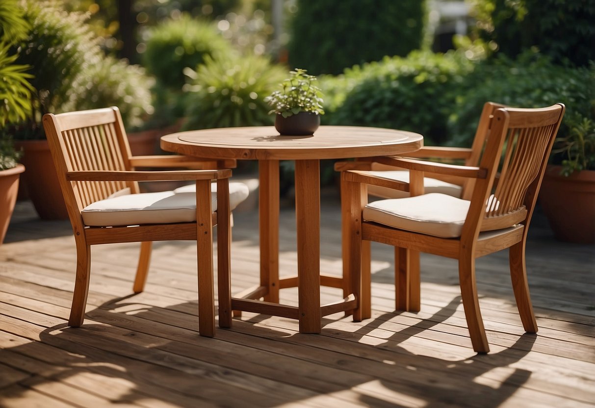 A wooden outdoor furniture set sits on a patio, surrounded by lush greenery and bathed in warm sunlight. The wood gleams with a rich, glossy finish, exuding a sense of durability and elegance