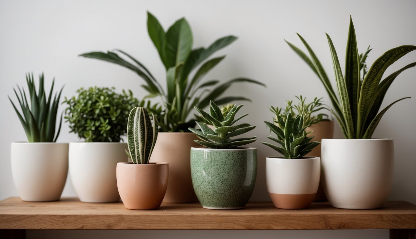 Several ceramic plant pots of various sizes and designs are arranged on a wooden shelf against a white wall, with lush green plants spilling over the edges