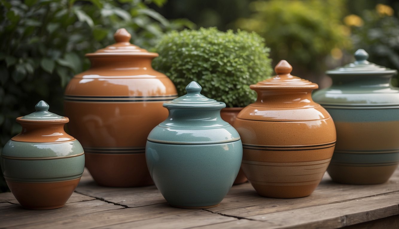 Several large ceramic pots arranged in an outdoor setting. They vary in size and color, adding a touch of rustic charm to the scene