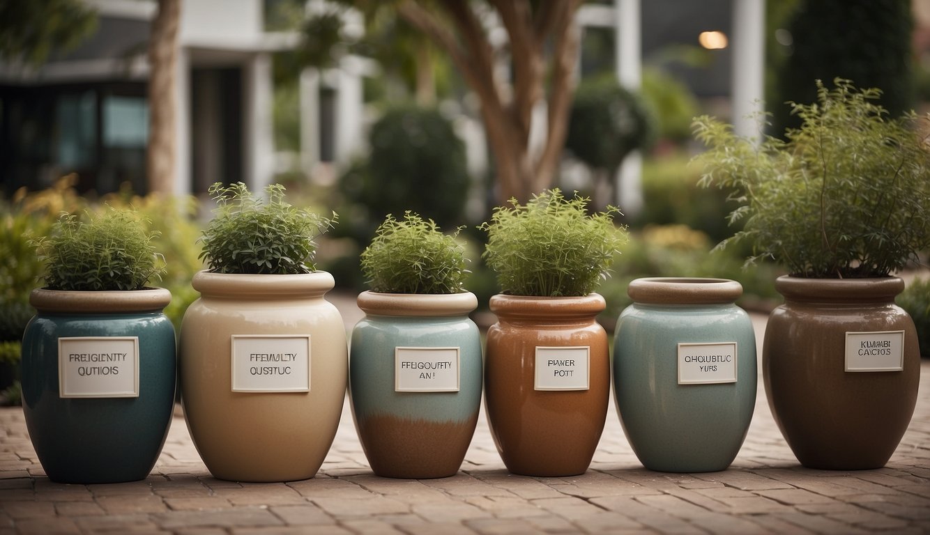 Several large ceramic pots are arranged outdoors, with a sign indicating "Frequently Asked Questions" displayed prominently