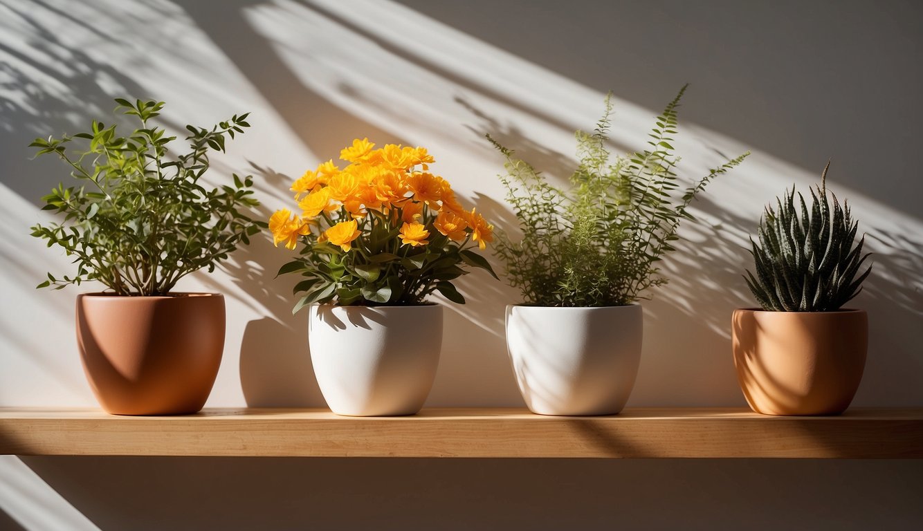 Several ceramic flower pots arranged on a wooden shelf against a white wall. Sunlight streams in, casting shadows and highlighting the textures of the pots