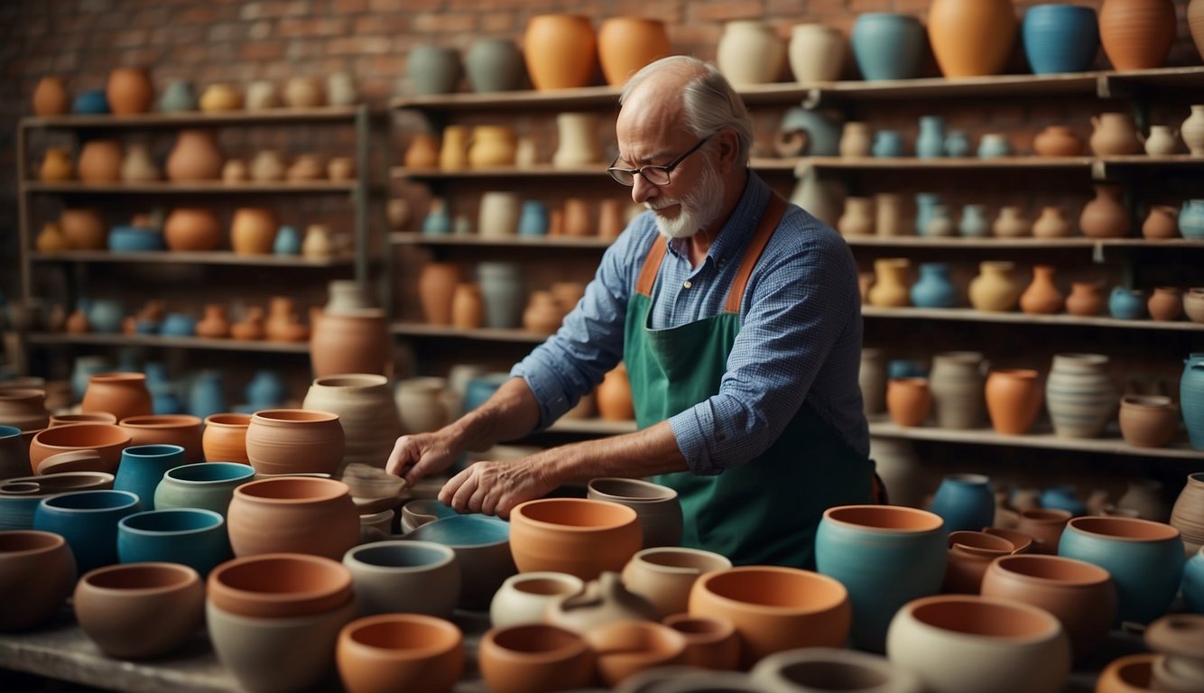 A potter molds clay into a flower pot on a spinning wheel, surrounded by shelves of colorful finished pots
