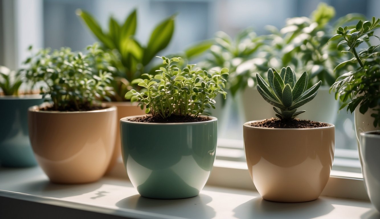 Several ceramic indoor plant pots arranged on a windowsill with various green plants growing inside