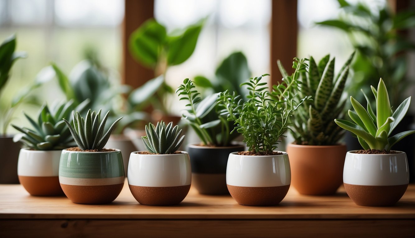 Several ceramic indoor plant pots arranged on a wooden shelf, with various sizes and designs, surrounded by lush green plants
