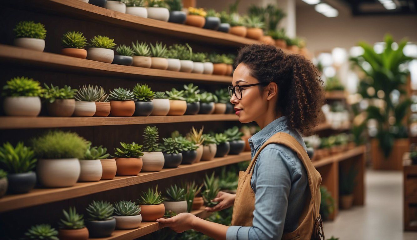 A person browsing various ceramic indoor plant pots displayed on shelves in a well-lit store, carefully examining the different sizes, shapes, and designs